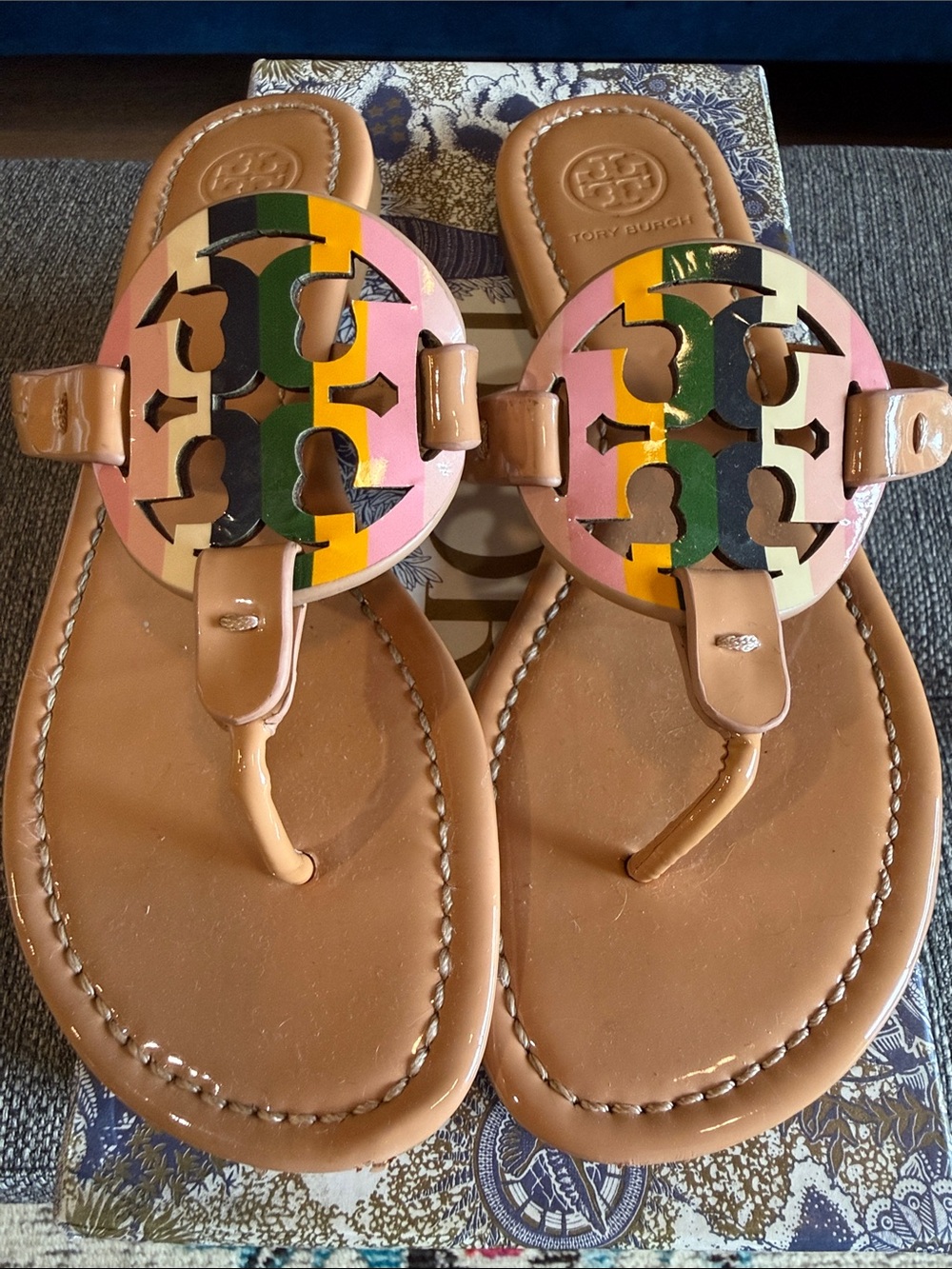 Tory Burch Tan Patent Leather Sandals with Pink, Yellow, Green & Cream Logo